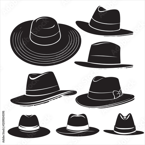 set of vector various style sun hat, beach hat, summer straw hat silhouette