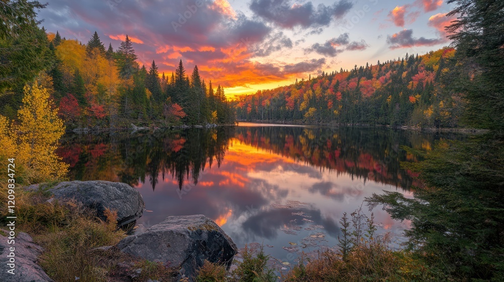 Fototapeta premium Autumnal Serenity: A Sunset Reflection on a Tranquil Lake
