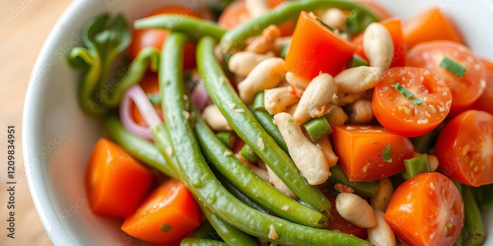 Traditional Thai food papaya salad with fine slices of papaya, tomatoes, green beans, and peanuts, crunchy, peanuts Traditional Thai food papaya salad with fine slices of papaya, tomatoes, green beans, and peanuts, crunchy, peanuts