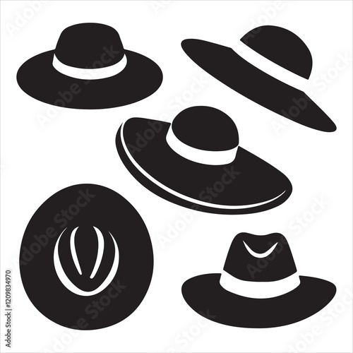 set of vector various style sun hat, beach hat, summer straw hat silhouette