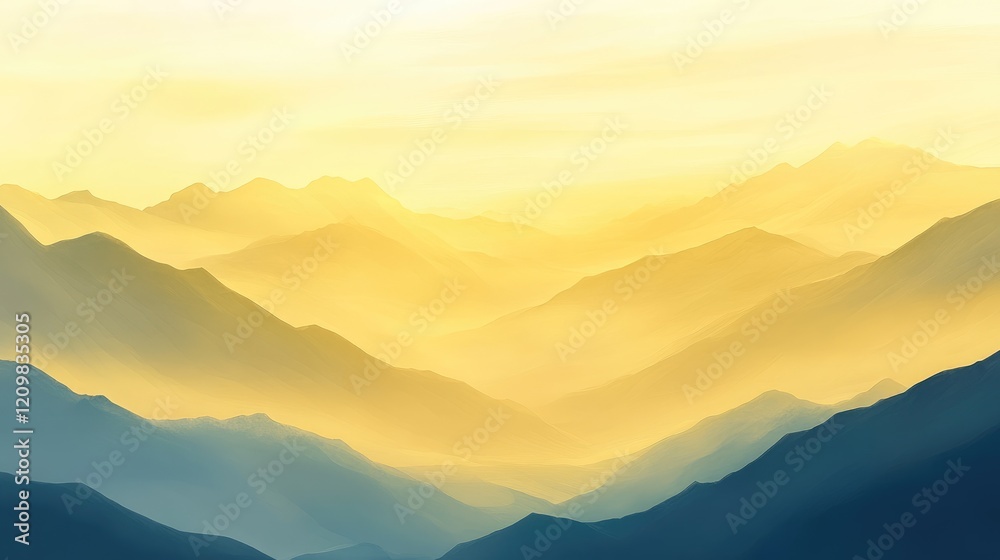 Fototapeta premium Layers of mountains with mist at sunrise, golden light illuminating the peaceful scene
