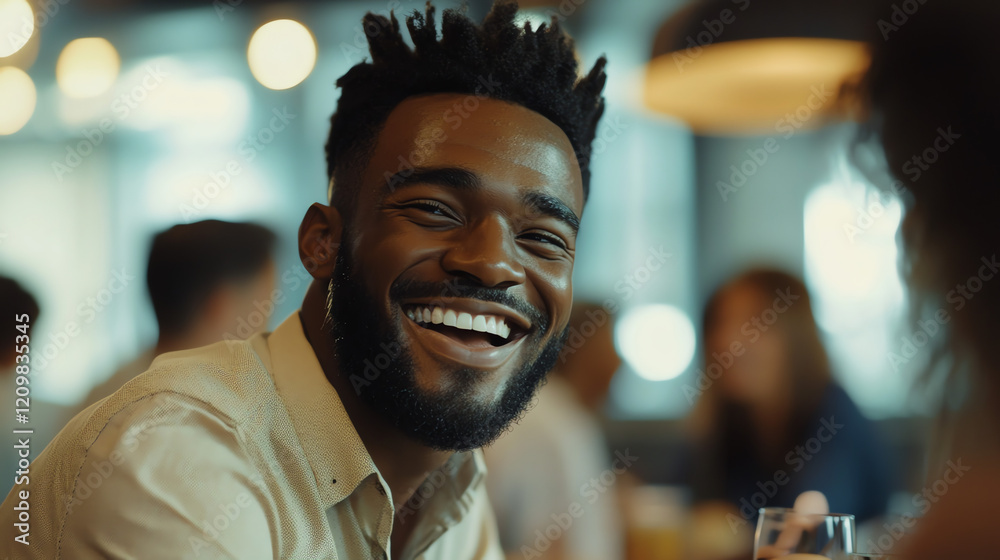 Happy young man with a beard smiling in a café, enjoying life and friendship in a lively atmosphere