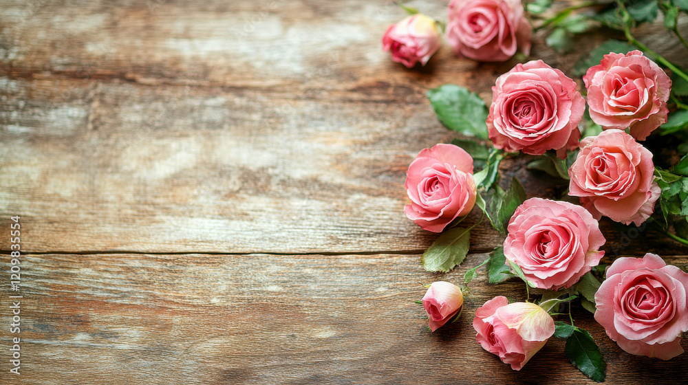 Rustic wooden background adorned with pink roses, evoking romance and vintage charm. Ideal for wedding and feminine themes Rustic wooden background adorned with pink roses, evoking romance and vintage charm. Ideal for wedding and feminine themes