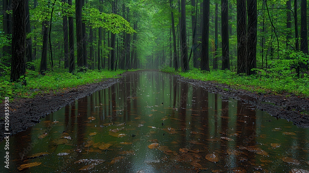 Obraz premium Misty forest path reflecting in a rain puddle.