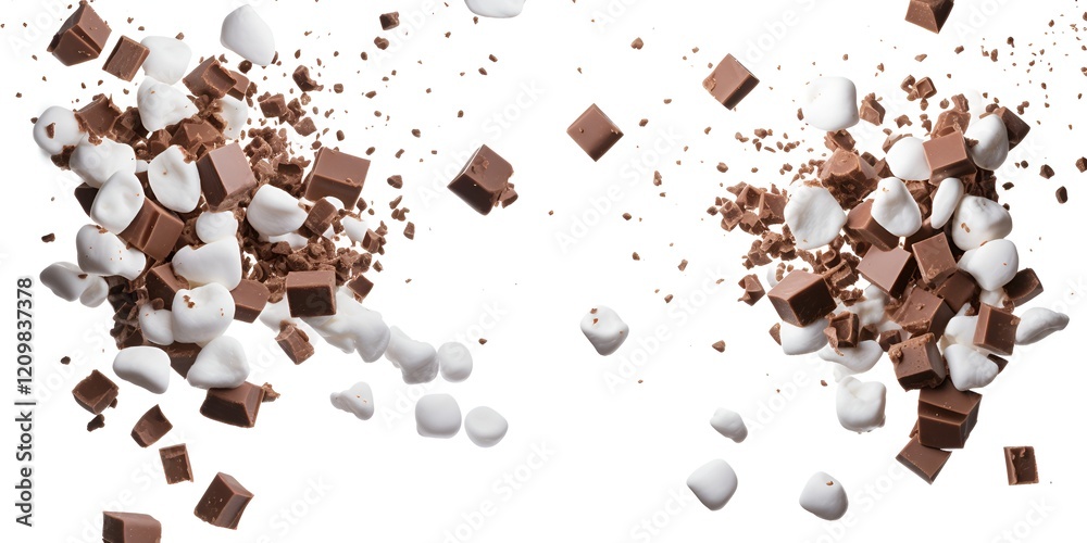 Two separate images of chocolate and marshmallows, with the pieces scattered in mid-air on a white background, each one isolated against a pure white backdrop Two separate images of chocolate and marshmallows, with the pieces scattered in mid-air on a white background, each one isolated against a pure white backdrop