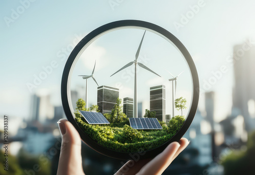 Sustainable city with wind turbines and solar panels