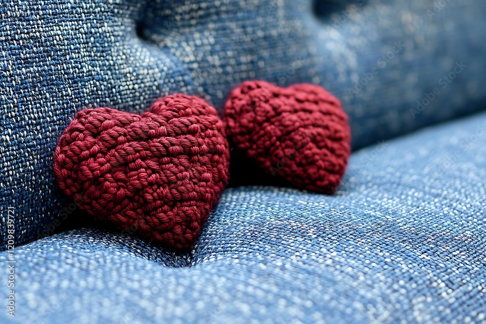 Fototapeta premium Two burgundy knitted hearts rest on a cozy blue denim couch, creating a warm and inviting atmosphere of love.
