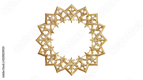 Ornate golden frame, intricate Islamic geometric pattern, star-shaped border, elegant decorative design with transparent background