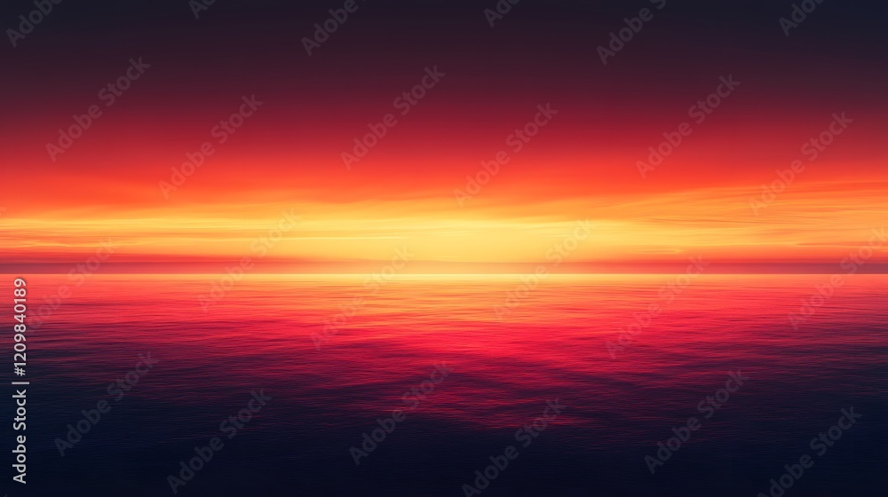 Fototapeta premium Dramatic sunset displays vibrant orange and deep red gradient with dark crimson clouds, creating majestic dusk horizon and ethereal evening glow in tranquil landscape composition.