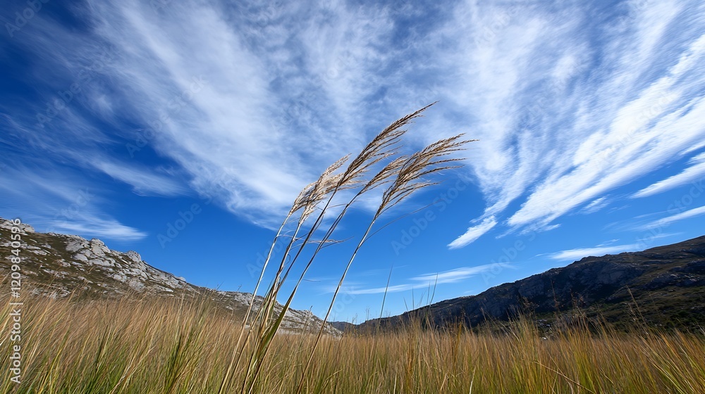 Obraz premium Mountain Valley Grass Under a Blue Sky with Wispy Clouds