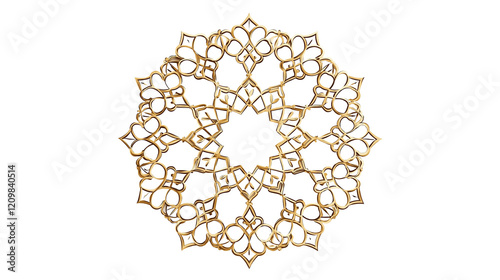 Ornate golden frame, intricate Islamic geometric pattern, star-shaped border, elegant decorative design with transparent background