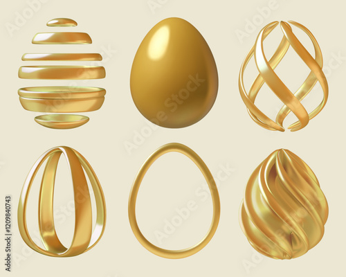 Golden Easter eggs 3d realistic vector illustrations collection. Modern metallic striped and spiral eggs design elements.