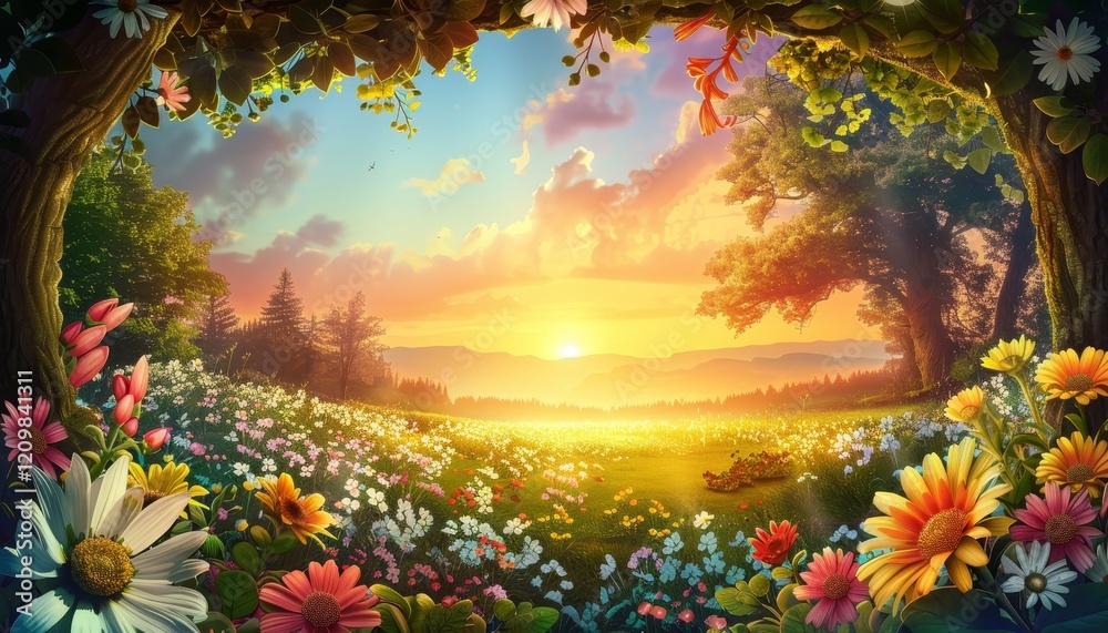 Fototapeta premium A beautiful sunrise over a field of wildflowers, framed by trees.