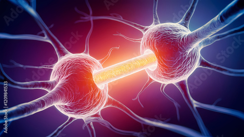 Two Interacting Nerve Cells Are Shown in Their Intricate Detail and Connected by a Glowing Synapse With Various Structures and Organelles Visible - Digital Art