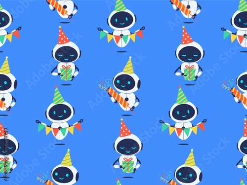 Seamless pattern featuring robots and birthday decorations. Blue Vector background for party designs, kids themes and tech inspired celebration