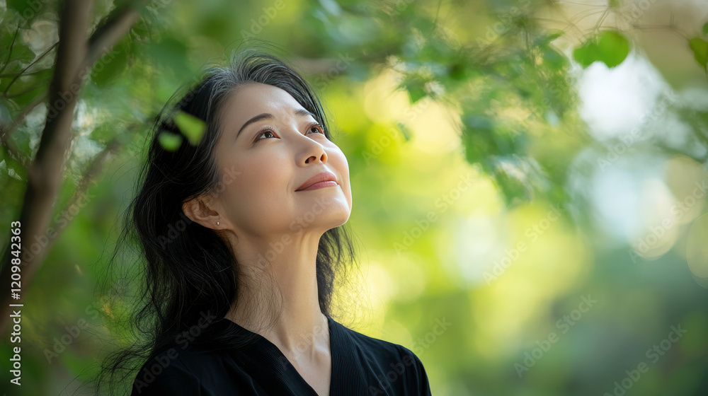 Woman gazing upwards with a serene expression amidst lush green foliage, symbolizing peace, contemplation, and nature's beauty in a tranquil outdoor setting Woman gazing upwards with a serene expression amidst lush green foliage, symbolizing peace, contemplation, and nature's beauty in a tranquil outdoor setting