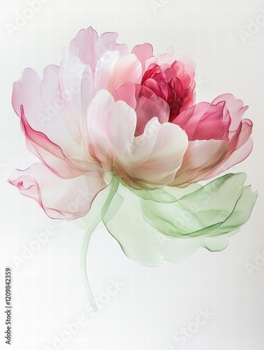 Abstract painting of a single peony flower made from plastic, on a white background. Organic sculpting