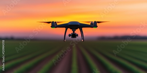 A drone flies above rows of crops during sunset, showcasing agricultural technology in a scenic landscape. photo