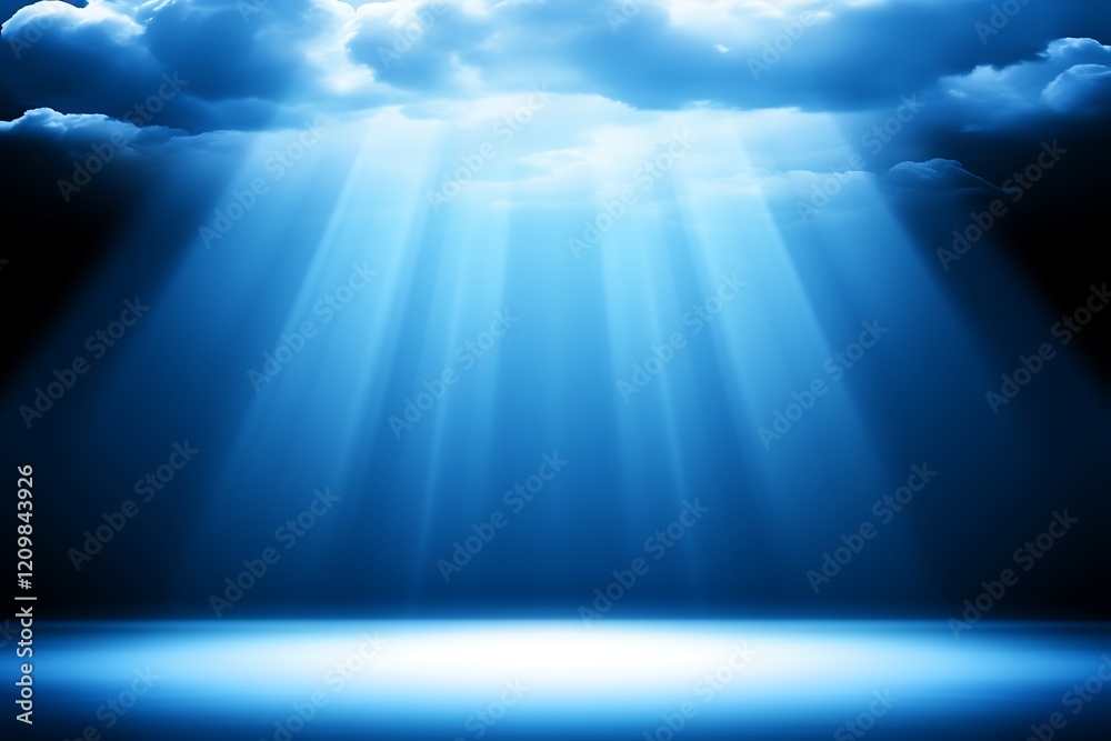 Fototapeta premium Heavenly blue light rays breaking through dark clouds.