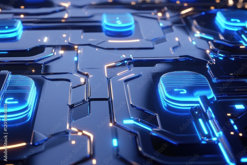 Fototapeta premium Futuristic circuit board design with glowing blue and orange elements on a glossy black surface, showcasing advanced technology and innovation