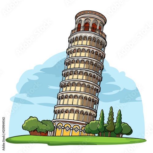Leaning tower of Pisa hand-drawn comic illustration. Leaning tower of Pisa. Vector doodle style cartoon illustration