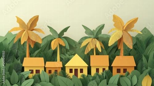 Wallpaper Mural Colorful Houses Surrounded by Lush Greenery and Tropical Palm Trees - Whimsical Illustration for Nature and Community Concepts Torontodigital.ca