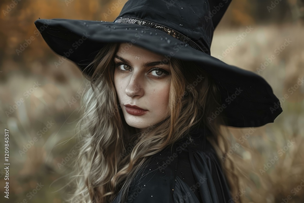 Young witch wearing pointed hat and black cloak standing in a forest during autumn Young witch wearing pointed hat and black cloak standing in a forest during autumn