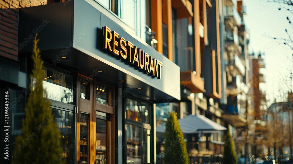 Obraz premium Modern urban restaurant facade on a sunny day with outdoor seating