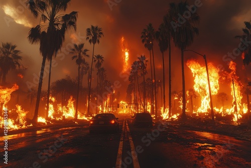 Blazing inferno engulfs palm trees and street as firefighters battle wildfire near urban area during night