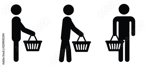 People are shopping, purchase. supermarket basket or cart. Shopping basket or containing bag. Buy and sale in supermarket, self service. Shopkeeper icon. Empty hand bag. Shopping baskets logo.