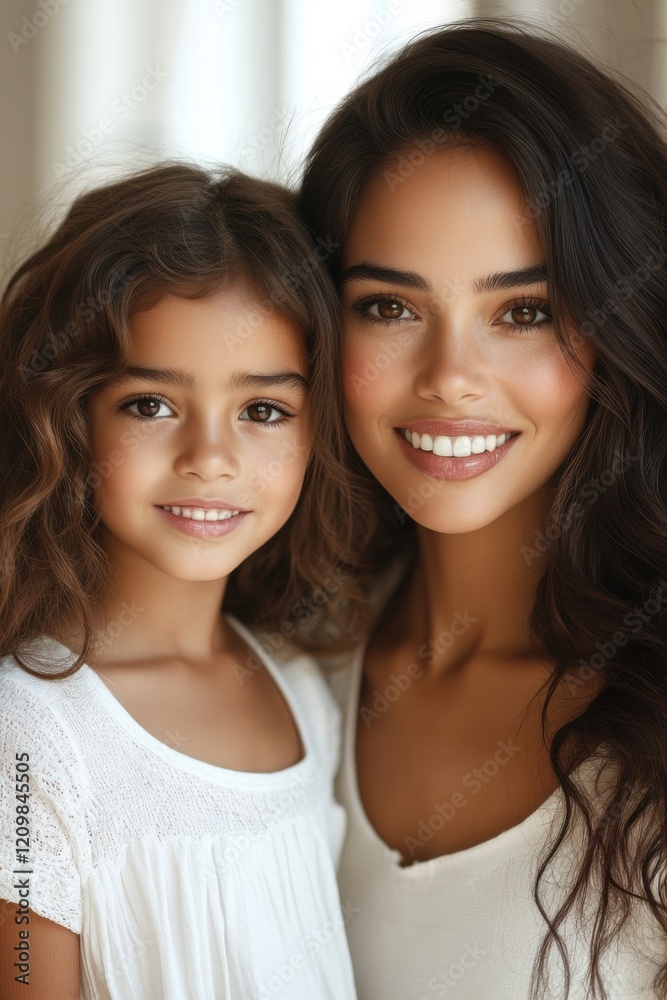 Smiling mother and daughter duo posing close together indoors with bright natural light illuminating their joyful expressions Smiling mother and daughter duo posing close together indoors with bright natural light illuminating their joyful expressions