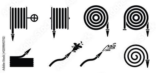 Cartoon fire hose reel. Firefighting equipment. Warning fire, burn symbol alarm. Human beware emergency logo or icon. For Sprinkler signal, fire alarm box, break glass, press here.