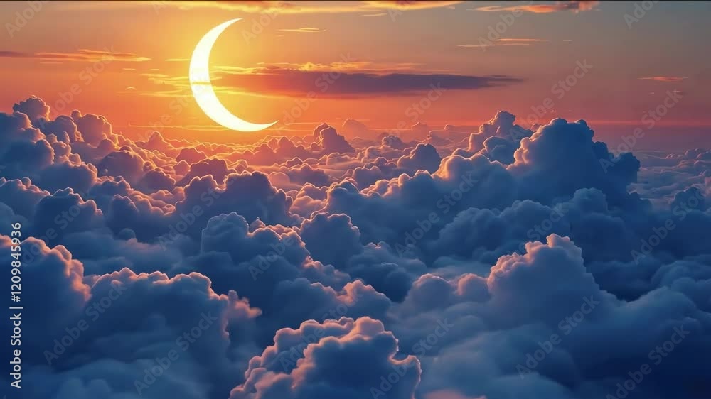 Sunset Cloudscape with Crescent Moon Peaceful Aerial View