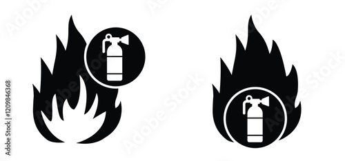 Fire extinguisher for alarm fire bell or alert ring to call. Warning fire, firefighter help. Warning, dangerous flames alarm or sprinkler alert. For fire alarm box, break glass, press here.