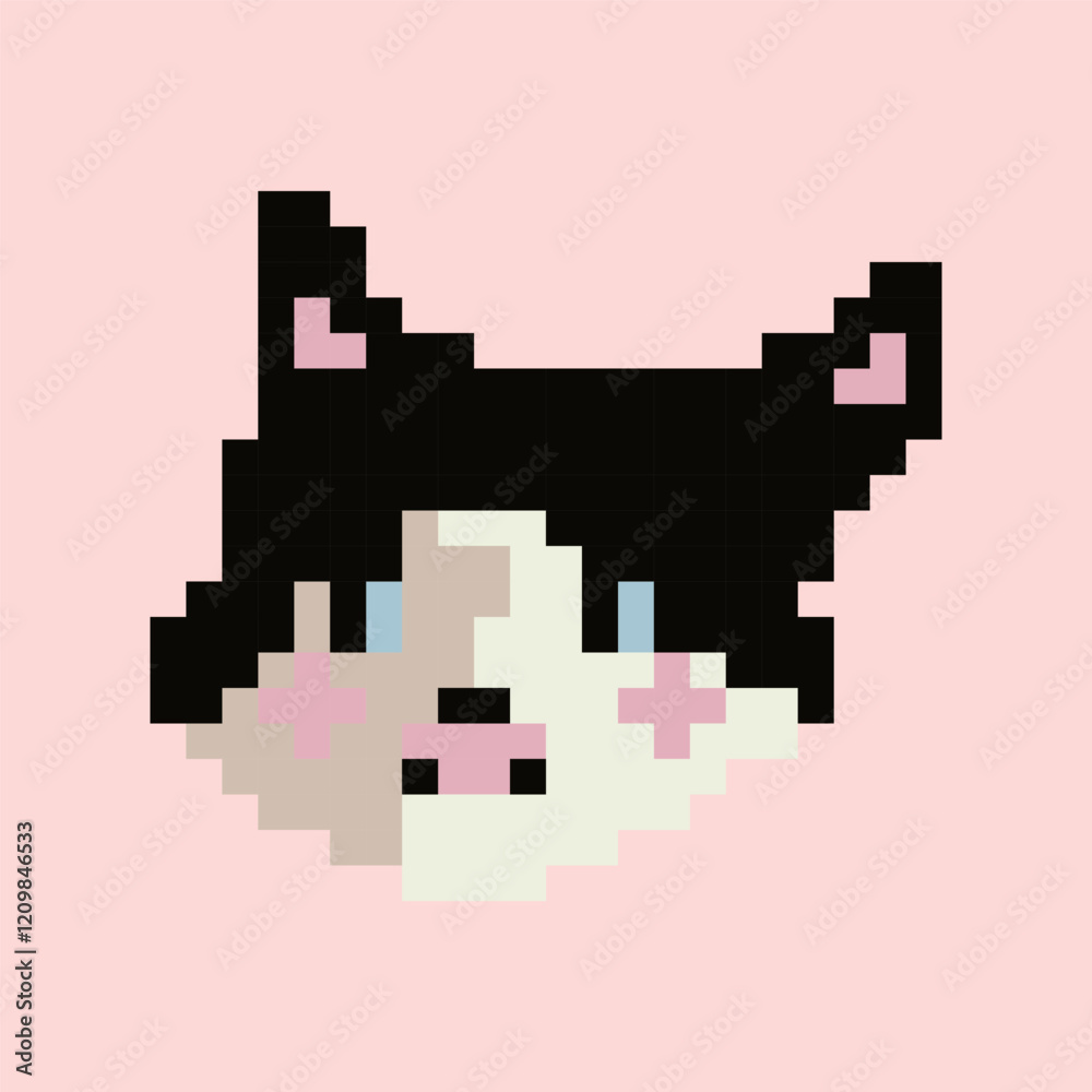 Fototapeta premium Vector illustration with a cute cat muzzle on a light background. Pixel art postcard, print, design element