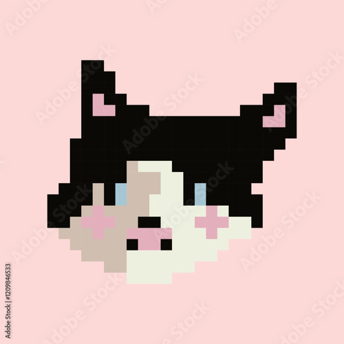 Vector illustration with a cute cat muzzle on a light background. Pixel art postcard, print, design element