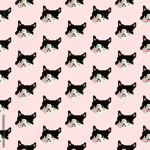 Vector seamless pattern, background, design, cute cat muzzle print. Pixel art