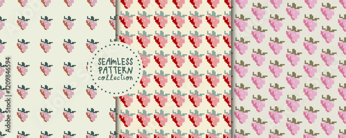 Vector set with seamless patterns, backgrounds, designs, strawberry prints. Pixel art