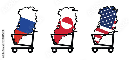 Denmark, Greenland not for sale. Greenland flag. Country flags. vector icon or pictogram. Green land world map. Not for sale. Russia and America ( USA, VS ) want to buy it. Conflict.