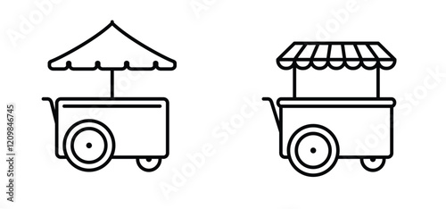 Cartoon handcart, mobile market stand icon. Food trailer, Street stall with parasol or awning. Street fast food trailer truck, mobile kitchen and umbrella. market and food stock symbol. For ice cream.