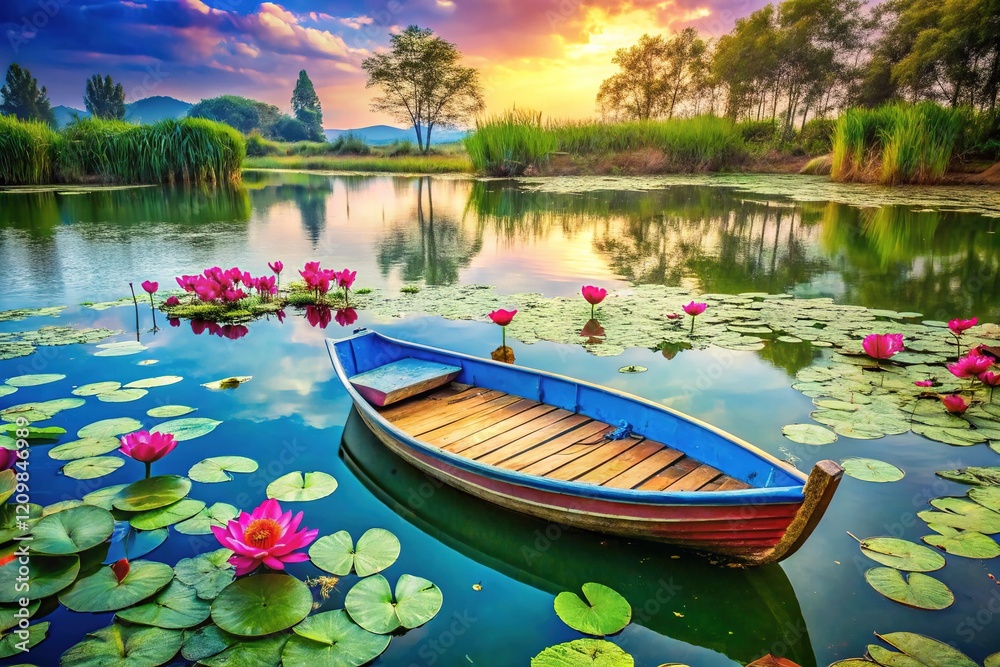 Fototapeta premium Water Lily Boat Dock Scene - Bright Summer Day