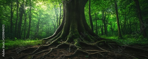 An ancient forest filled with towering trees and hidden glades, where magic is said to dwell among the roots and branches.
