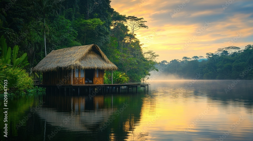 Fototapeta premium A serene tropical hut on a lake at sunset with beautiful water reflections and forest