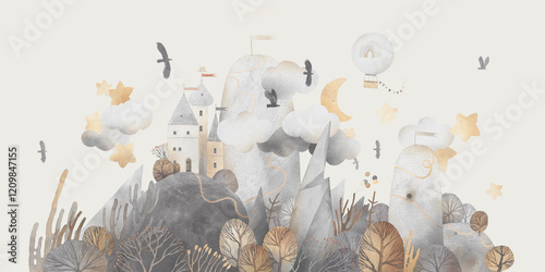 Watercolor fairytale landscape. Castle on a hill in the mountains. Fairy forest. Dreams. Wall art.