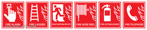 Fire action sign set. Safety warning fire department icons. Fire safety labels