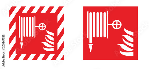 Cartoon fire hose reel. Firefighting equipment. Warning fire, burn symbol alarm. Human beware emergency logo or icon. For Sprinkler signal, fire alarm box, break glass, press here.