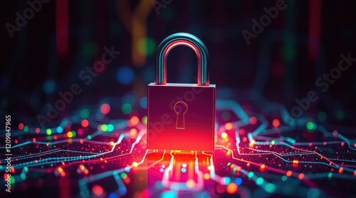 Glowing red padlock, digital circuit background, neon lights, cybersecurity concept, futuristic technology, data protection, dark tech environment, binary code, network connections, cyber defense