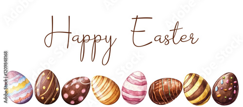 Happy Easter. Easter banner with watercolor chocolate sweet eggs. Chocolate eggs decorated with colored dragees and chocolate glaze. Surprise eggs, Easter elements. Vector illustration.