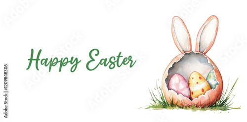 Happy Easter banner. Watercolor Easter banner with Easter egg and rabbit ears. Big Easter egg with eggs in the grass. Symbol of Easter atmosphere. Vector illustration.
