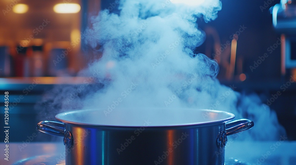 steaming pot filled with boiling water, close-up shot, large steam clouds rising into the air, vibrant kitchen lighting